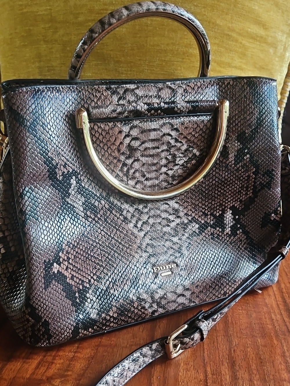 Dune London Snake-Print Structured Bag with Gold Handle